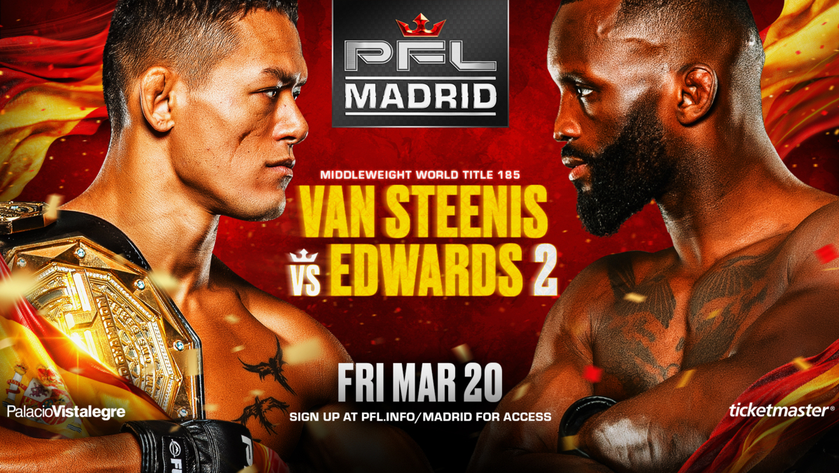 PFL MADRID TO BE HEADLINED BY COSTELLO VAN STEENIS DEFENDING THE PFL MIDDLEWEIGHT WORLD TITLE AGAINST FABIAN EDWARDS ON MARCH 20 thumbnail